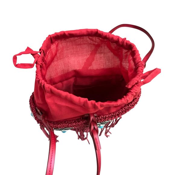 Boho Red Woven Bucket Bag Fringe Western Concho Beaded Shoulder Purse 10x7 - Picture 5 of 12